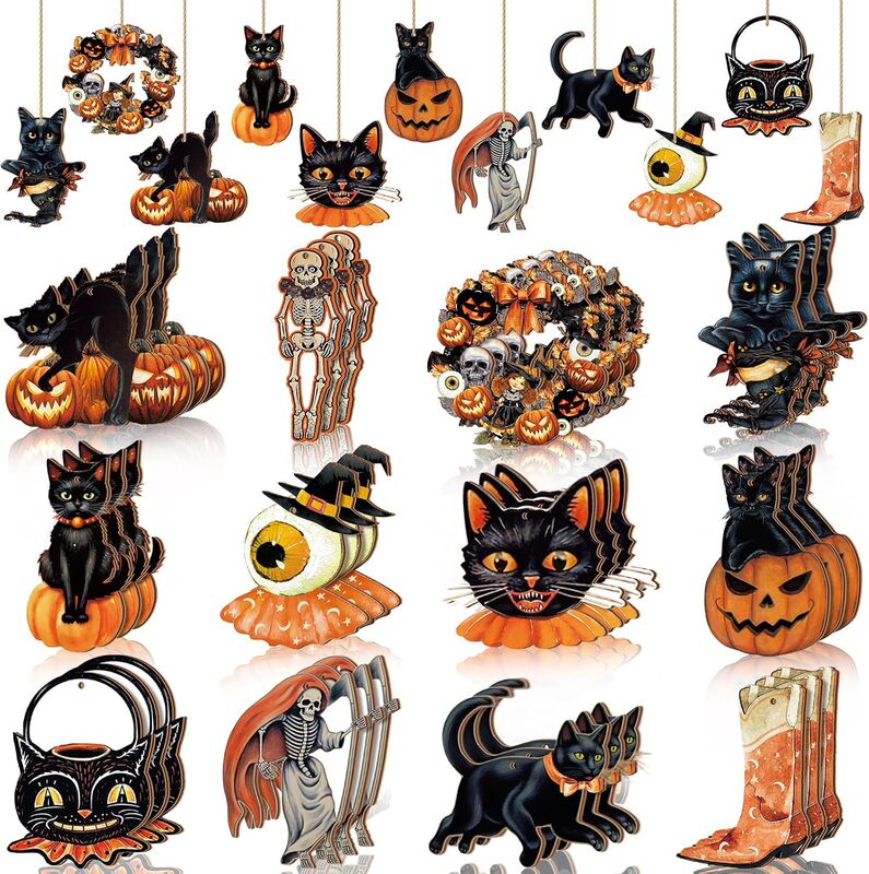 Halloween Retro Wooden Hanging Decorations Set with Twine, High-Definition Printing, Fade-Resistant, Autumn-Themed Scene Decoration