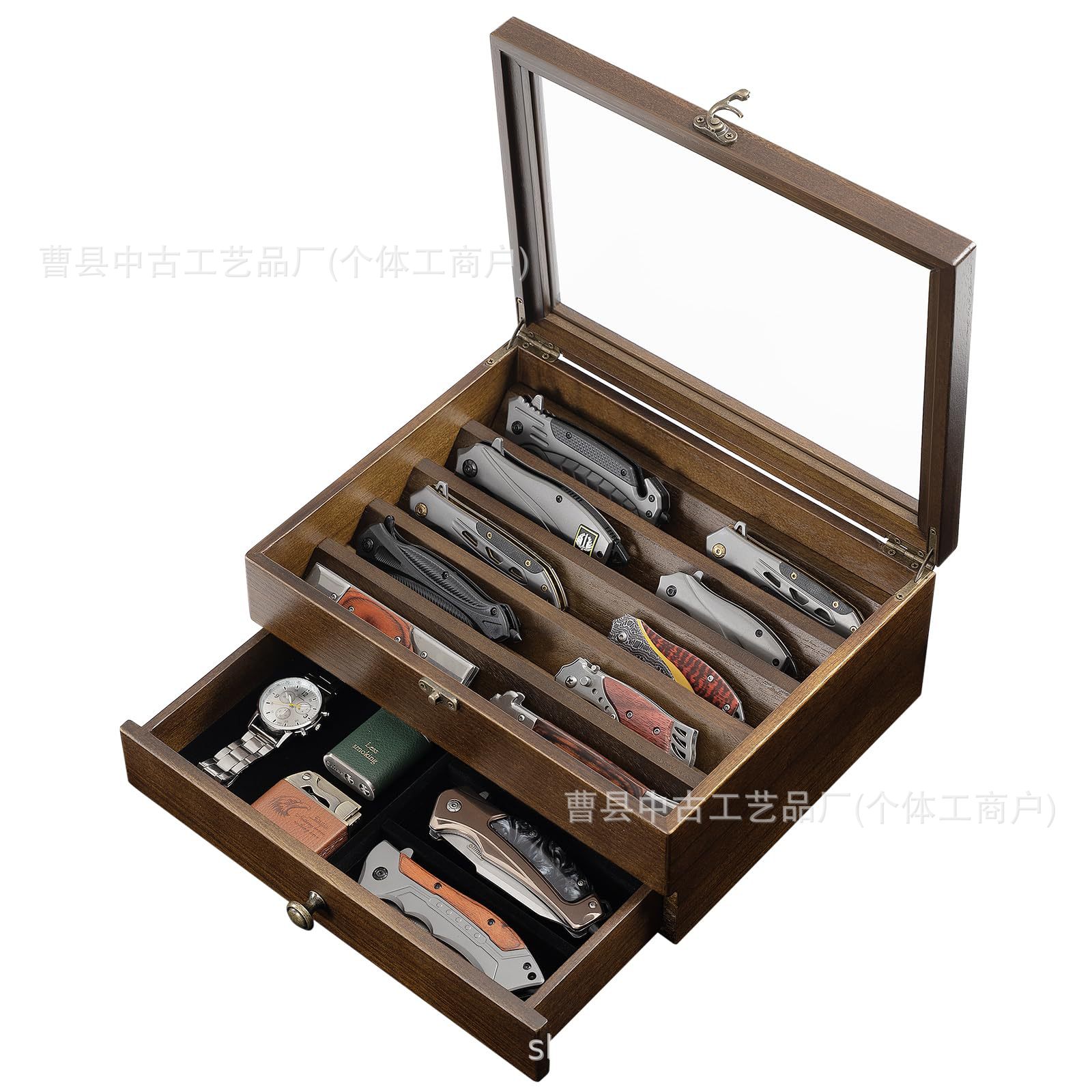 Wooden Desktop Display Box, Military Knife Storage Box, Lacquered Multi-Layer Open-Top Watch and Bracelet Collection Wooden Box, Walnut