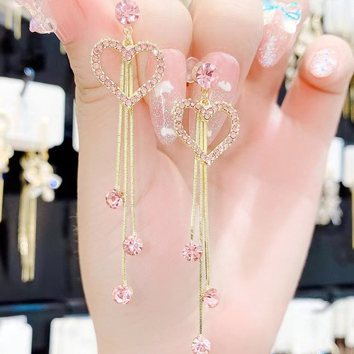 Fashionable long tassel earrings, feminine flower water drop love earrings, face slimming, high-end earrings, light luxury earrings
