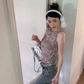港味无袖印花露背设计内搭吊带背心女2024新款辣妹修身显瘦上衣潮