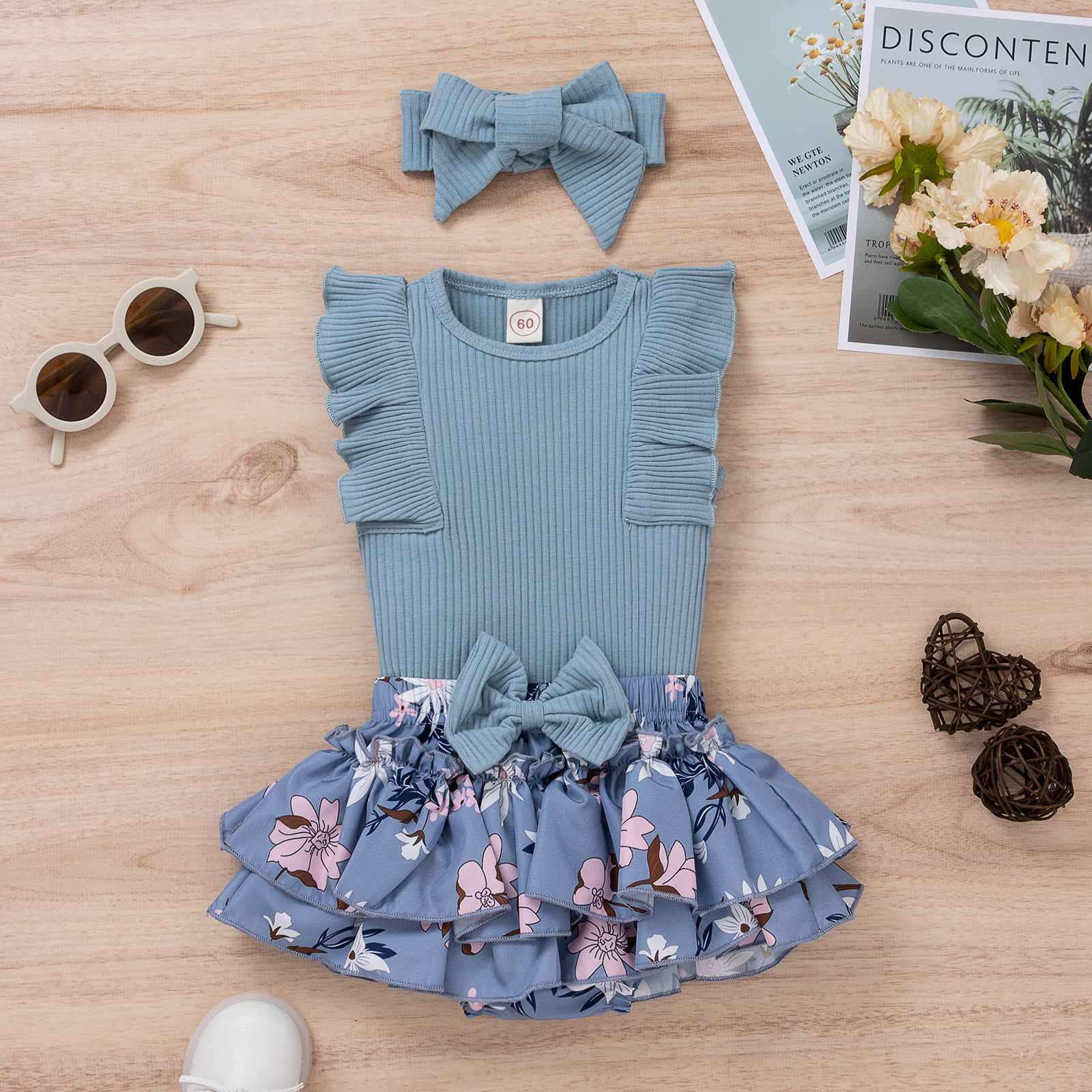 Solid Color, Flower Pattern Summer, Spring Season Girl'S Gender Fashion Style Fashion Solid Color Flower Cotton Girls Clothing Sets