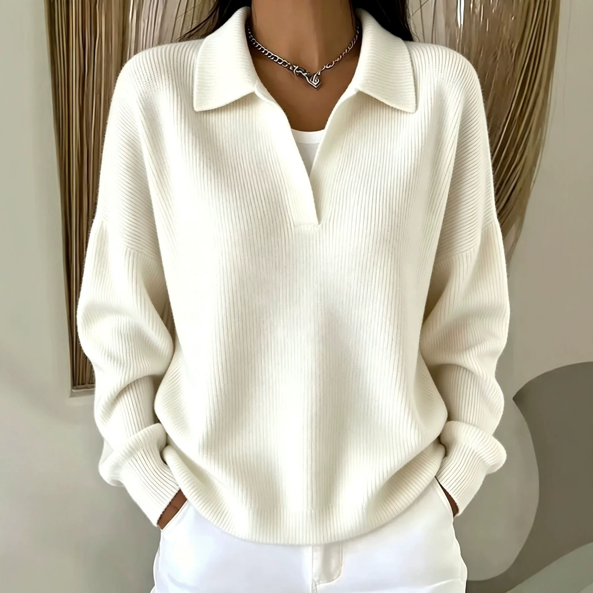 2026 Fall/Winter New Women's Polo Shirt with Lapel, Loose Fit, Solid Color, and Long Sleeves - Available on Amazon (Europe and America)