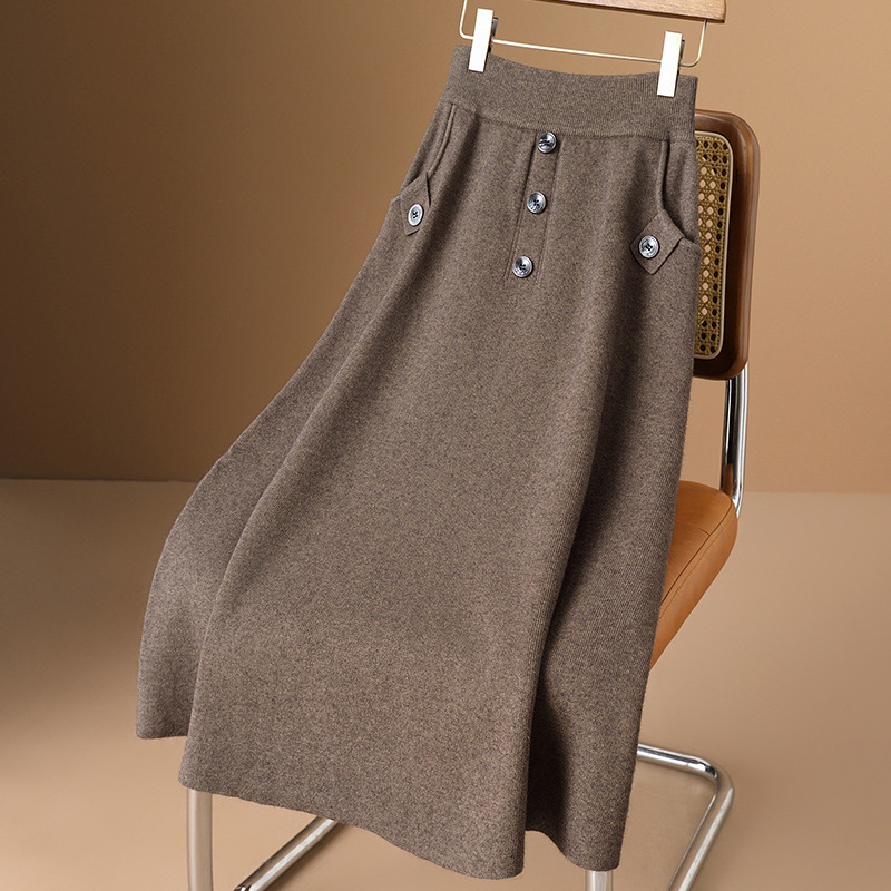 Gonna lunga elegante e spessa a vita alta in lana elasticizzata GraceChic, autunno inverno, a doppia fila_voghion.com