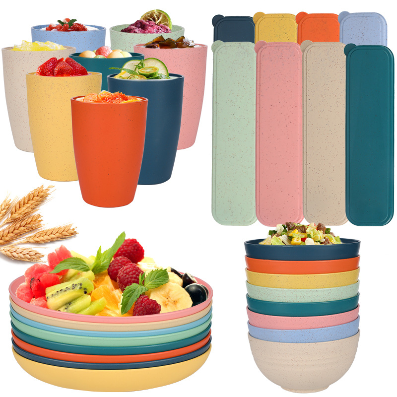 亞馬遜跨境貨源小麥秸稈餐盤碗杯刀叉勺筷子戶外旅行便攜餐具套裝