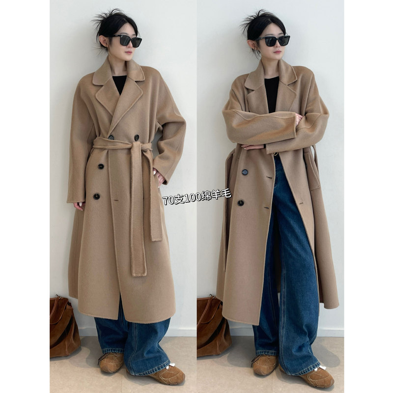Nanyu 70-Count 96% Sheep Wool m Classic Double-Breasted Lace-Up Long Wool Double-Sided Coat for Women Winter