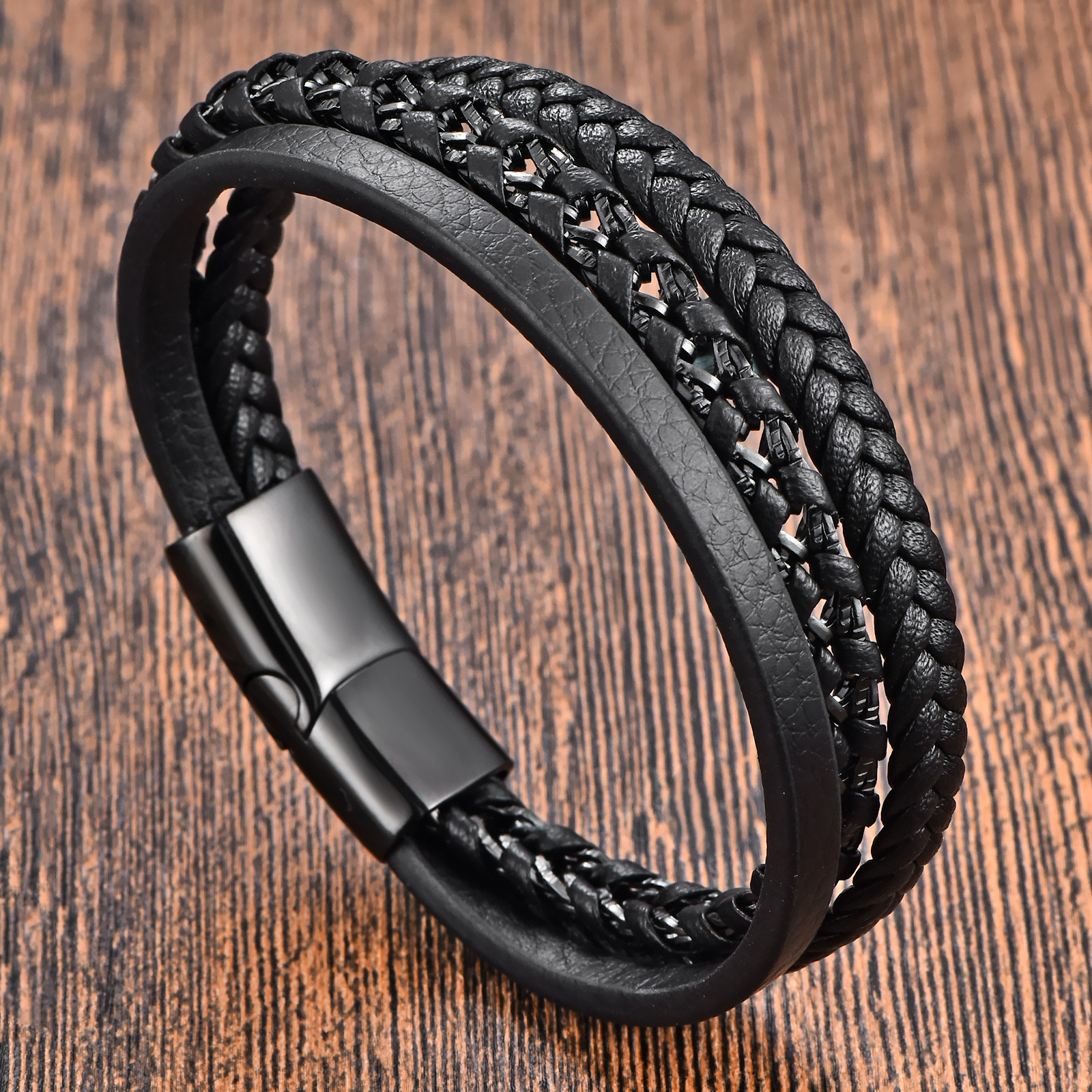 316L Stainless Steel , Pu Leather Material Retro Punk 316L Stainless Steel Pu Leather Geometric Woven Chain Men Cord & Leather Bracelets