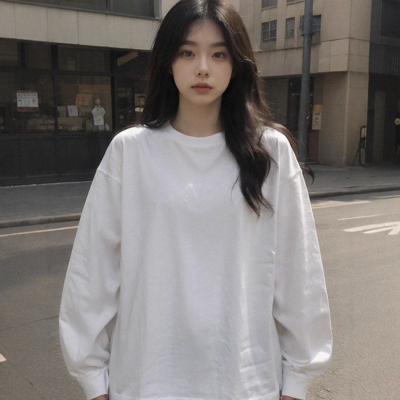 重磅圆领纯色纯棉长袖t恤女 通勤白色打底衫宽松早秋日系百搭上衣|undefined