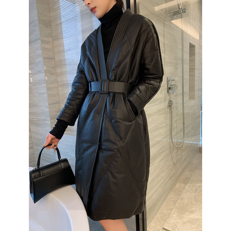 Haining Faux Sheepskin down Cotton Coat for Women, Mid-Length Black Jacket, 2026 New Style, Waist-Cinching, Thickened Leather Coat