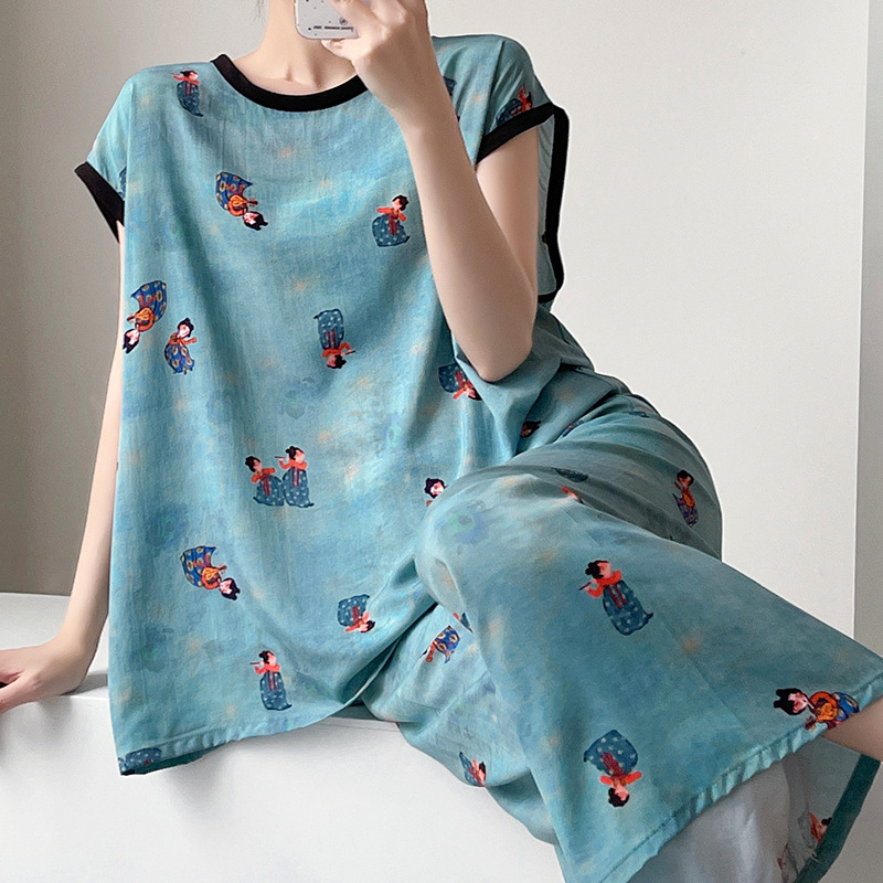 Cotton Silk Pajamas for Women, Wide-Leg Pants, Loose-Fitting Summer Cool Loungewear Set, Artificial Cotton Fashion Cotton Silk Pajamas for Women, Wide-Leg Pants, Loose-Fitting Summer Cool Loungewear Set, Artificial Cotton Fashion