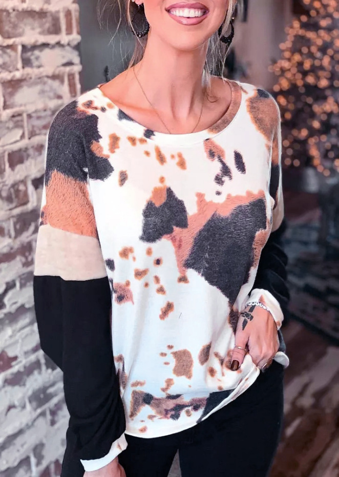 欧美秋冬宽松型套头长袖圆领都市休闲扎染印花拼接t恤大码上衣女|ru