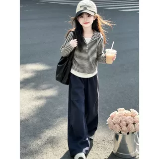 女童春秋套装条纹长袖针织开衫中大童宽松阔腿裤显瘦时尚女孩卫衣