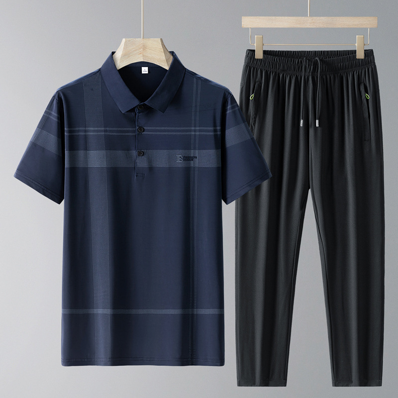 Traje casual de verano pantalones de manga corta para hombre 2025 nueva camisa POLO con sensación de hielo traje de dos piezas para papá de secado rápido para hombre