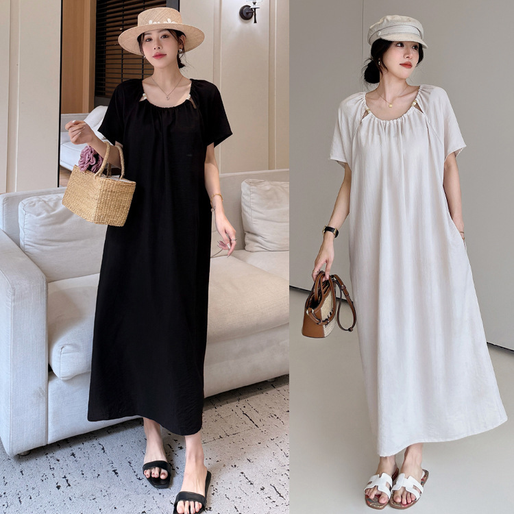 Cat -7766#2025 Summer New/Long plus size Beaded Holiday Wind Cool Wrinkle-free Cotton and Linen Short Sleeve dress