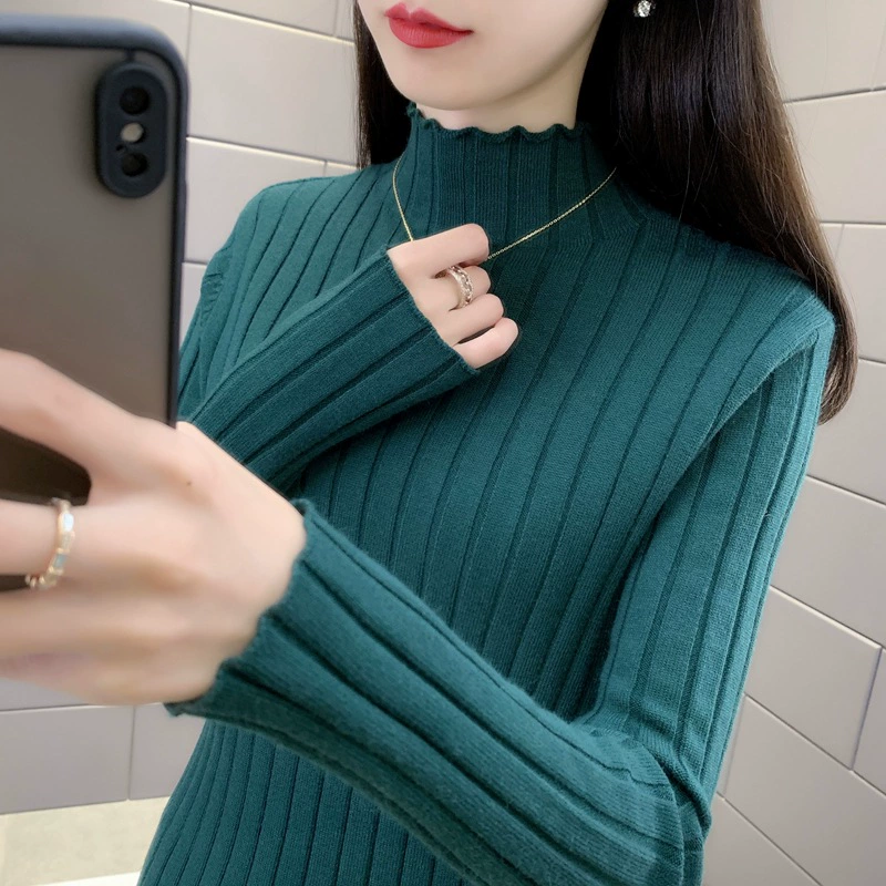 Black knitted elastic sweater, demi-season base body-friendly long-sleeve, slim fit