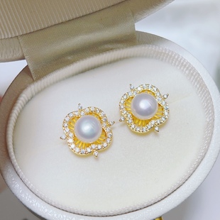 S925 silver needle real gold plating 18K color micro inlaid zircon hollow four-leaf clover natural freshwater pearl earrings wholesale