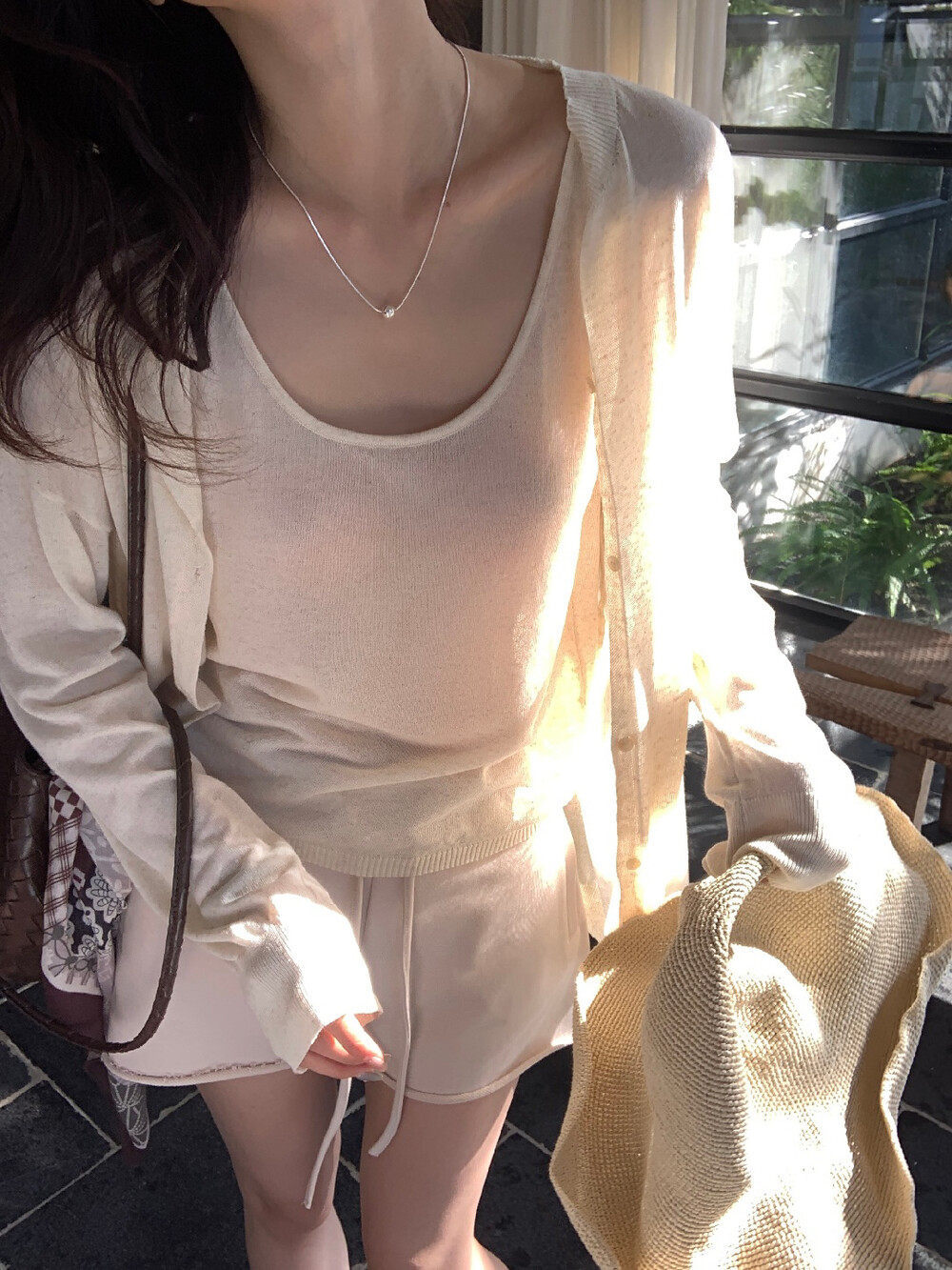 Bộ cardigan len phối áo hai dây nữ phong cách lười biếng mùa hè — yến mạch chi tiết 24