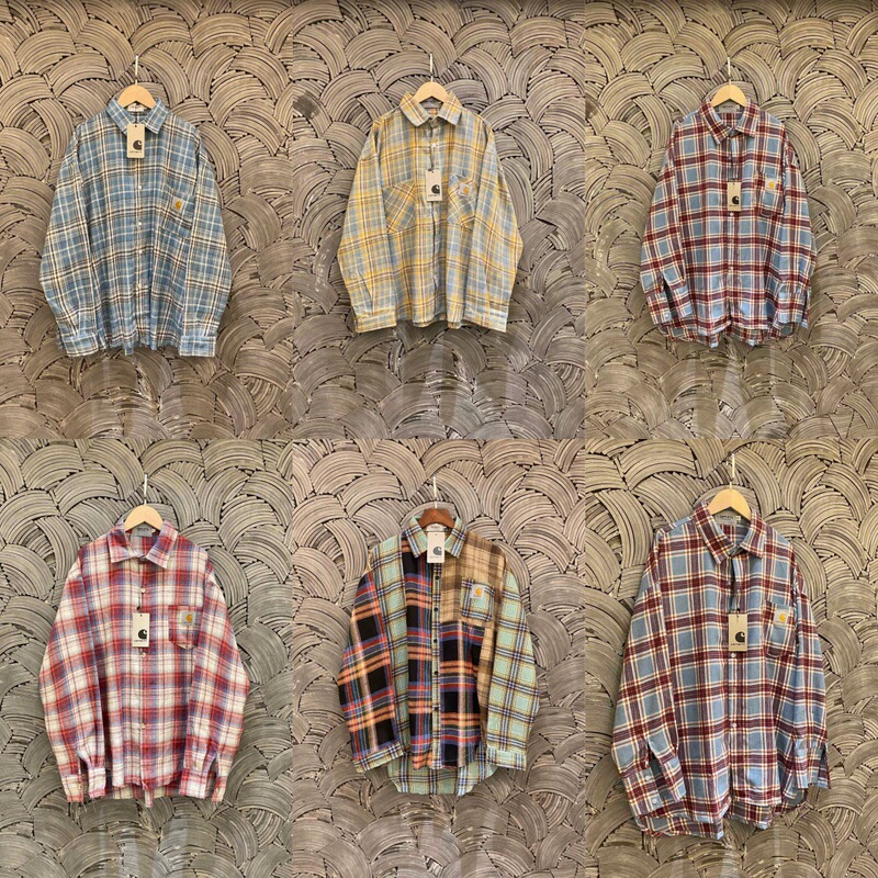 Carhartt High-Quality Custom Plaid Embroidered Plaid Element Stitching Contrasting Edge Shirt Couple Style Carhartt High-Quality Custom Plaid Embroidered Plaid Element Stitching Contrasting Edge Shirt Couple Style