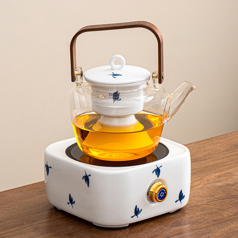 Hand-painted Magnolia Electric Ceramic Tea Maker, Heat-resistant Glass Teapot, Tea Brewing Set for Pu'er and White Tea, Household Tea Heater