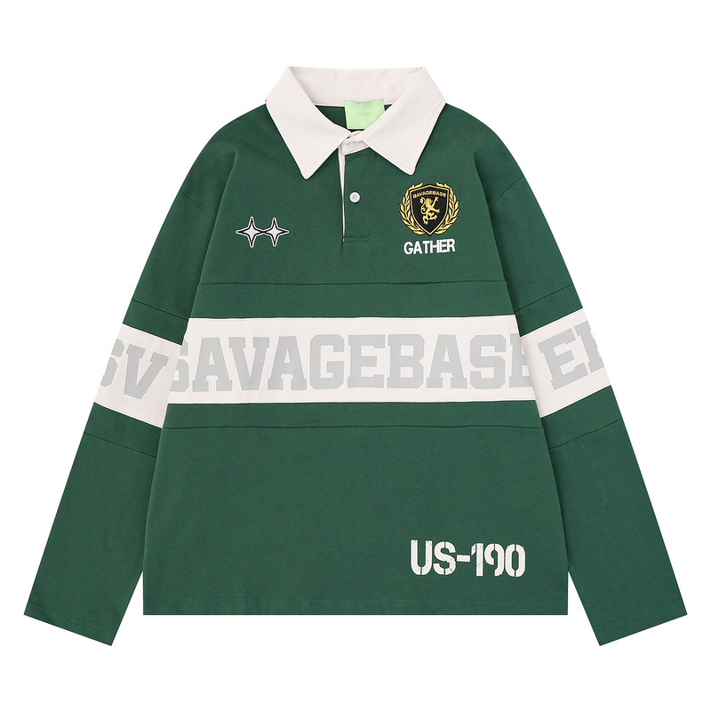 Men's Dark Green and White Lapel Rugby Polo Shirt Long Sleeve Original Design Letter Badge Loose Fit Color Block Long Sleeve Men's Dark Green and White Lapel Rugby Polo Shirt Long Sleeve Original Design Letter Badge Loose Fit Color Block Long Sleeve