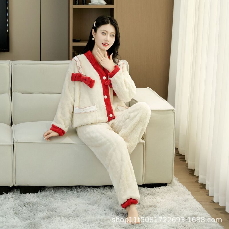 Suzhou Home Wear Thickened Tweed-Style Set Can Be Worn Outside, Flannel Zipper Two-Piece Set for Women, Coral Fleece Christmas