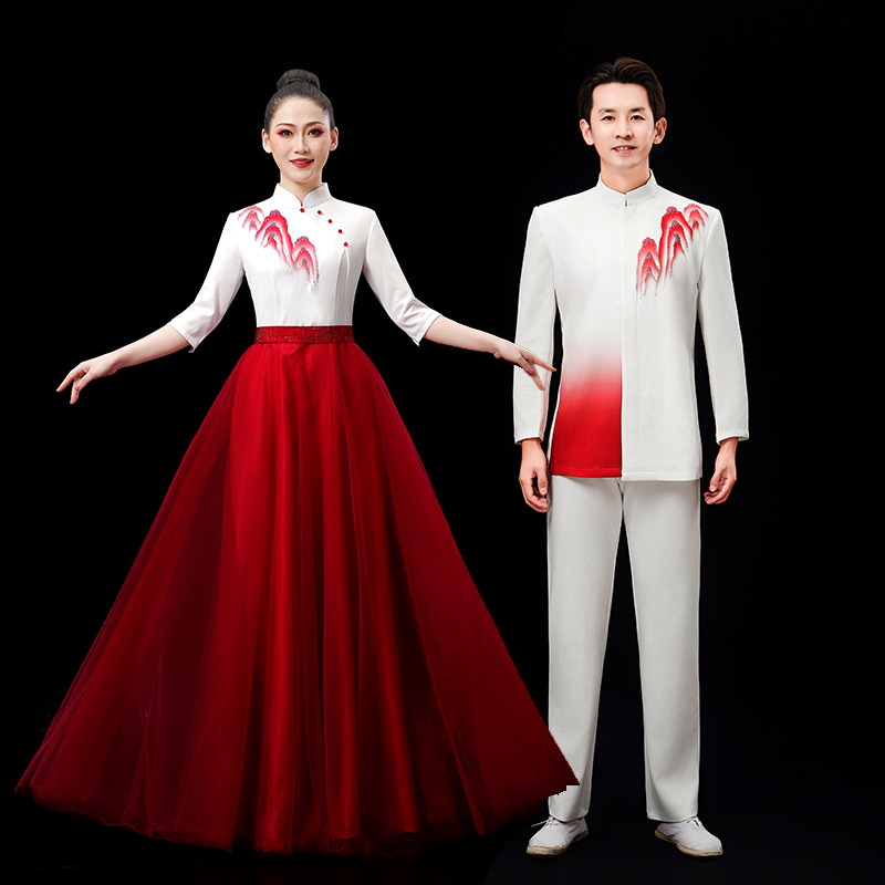 New Chinese Style Big Choir Dress Female Adult Long Dress Student Song Accompanying Dance Red Song Competition Chinese Style Dress