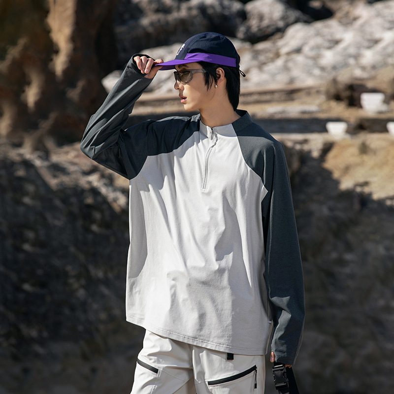 Spring and Autumn Mountain Series Outdoor Splicing Contrast Color Quick-Drying Long-Sleeved T-Shirts Men's Moisture-Wicking Sports T-Shirts Men's Tops Wholesale