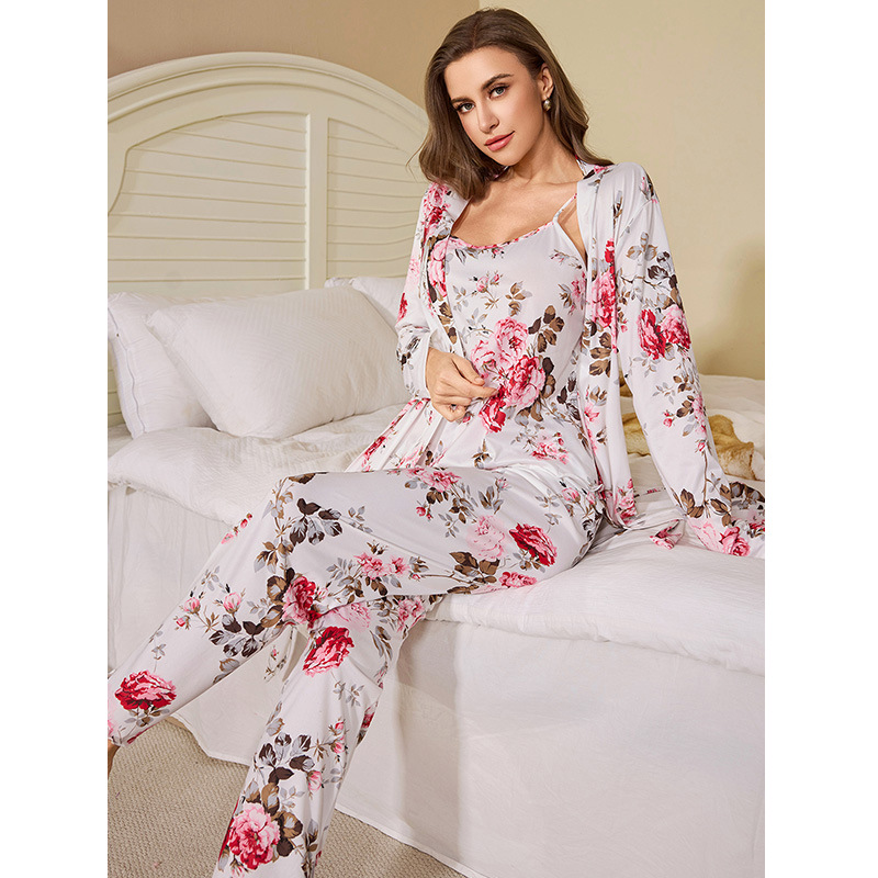Specially Designed for Cross-Border Sales, Women's Home Pajamas, European and American Style Nightgowns, Long Pants, Camisole Nightdress, Three-Piece Loungewear Set