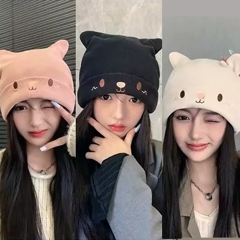 冬季护头保暖可爱猫耳月子帽产后春秋季包头显脸小针织帽防风冷帽