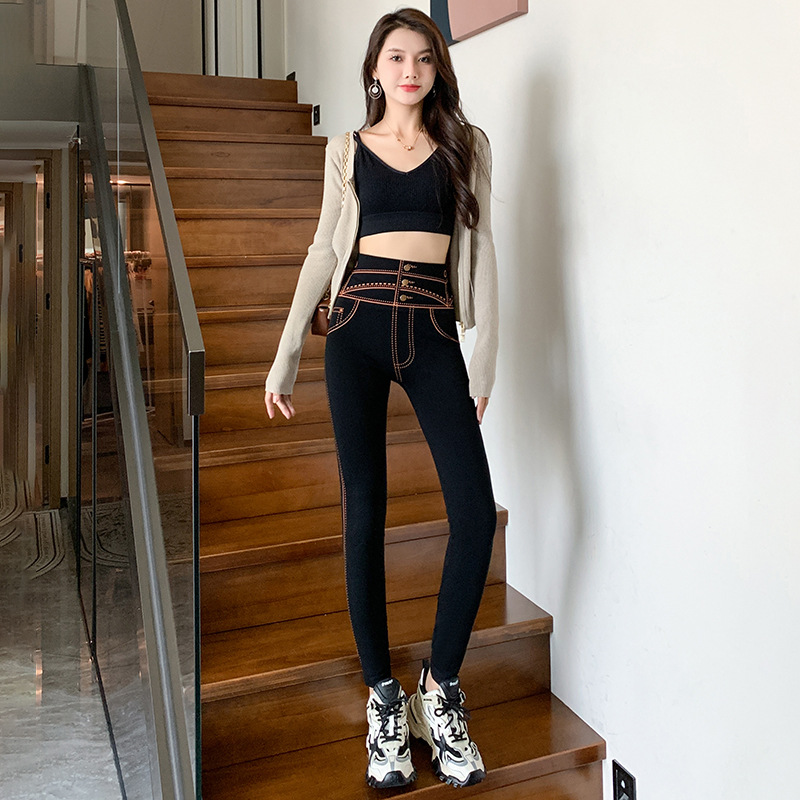 2025 Autumn New High-Waisted Slimming 9/10 Inseam Pants Outerwear Black Women's Elastic Pencil Pants