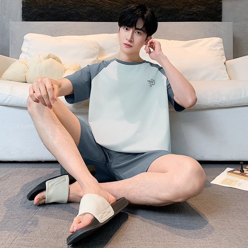 100% 純綿パジャマ男性半袖夏の薄いタイプの青少年カジュアルでゆったりした綿100% の家庭服セット