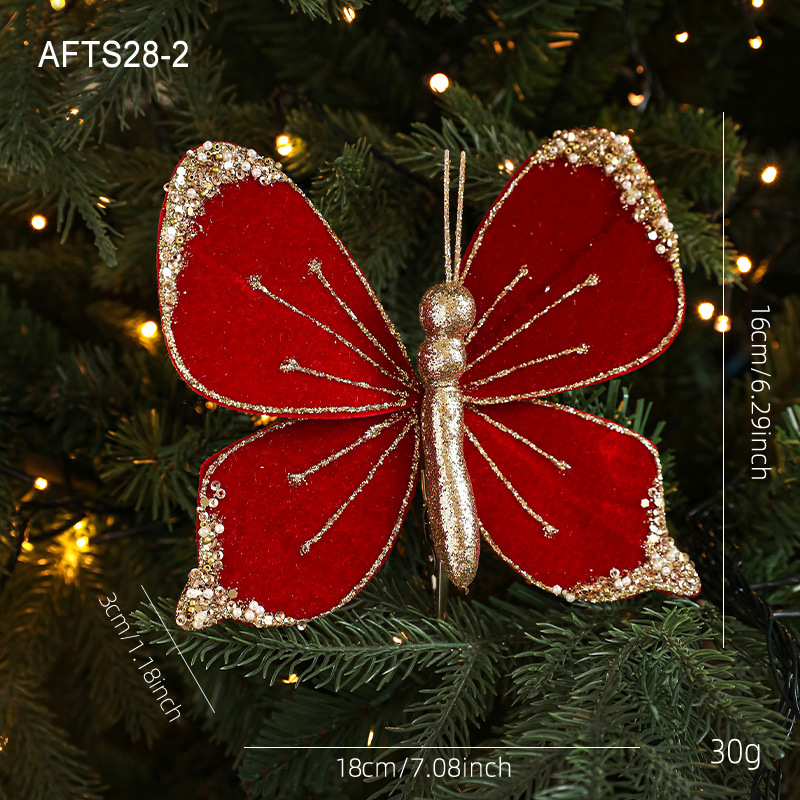 Nuevos productos de tela de alta calidad simulación de clip de arco de mariposa tela de vello polvo flocado árbol de Navidad decoración colgante diseño de escena