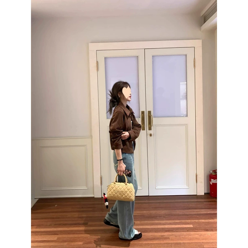 Короткая бархатная куртка, oversize корейский стиль, с подкладкой, для подростков — кофейный