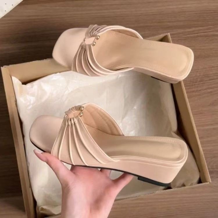 Suave estilo francés plegado pendiente con zapatillas de verano para mujeres 06 nuevo con falda antideslizante desnudo zapatillas frías