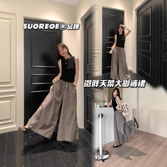 Suoreoe ® 少し太った大脚パンツとスカート夏 2025 新しいチェック柄カジュアルパンツ女性のワイドレッグパンツルーズ
