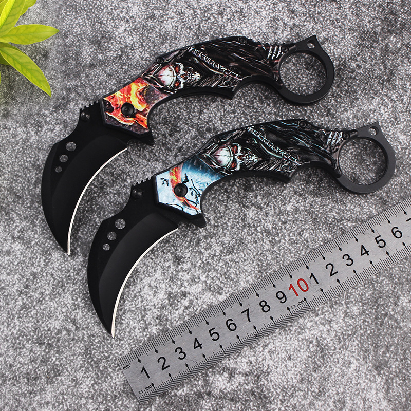 厂家批发折叠弯刀随身户外刀具野营求生高硬度瑞士浮雕野外爪刀