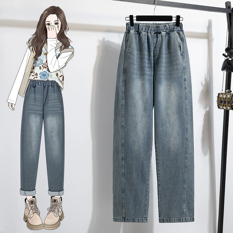 Jeans, spring trousers, American style, loose fit, fitted, plus size, high waist