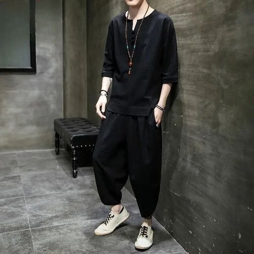 Retro Summer Linen Set for Men - Chinese Style Loose Short-Sleeve Large Collar 7/8 Pants Two-Piece Set Men's Clothing
