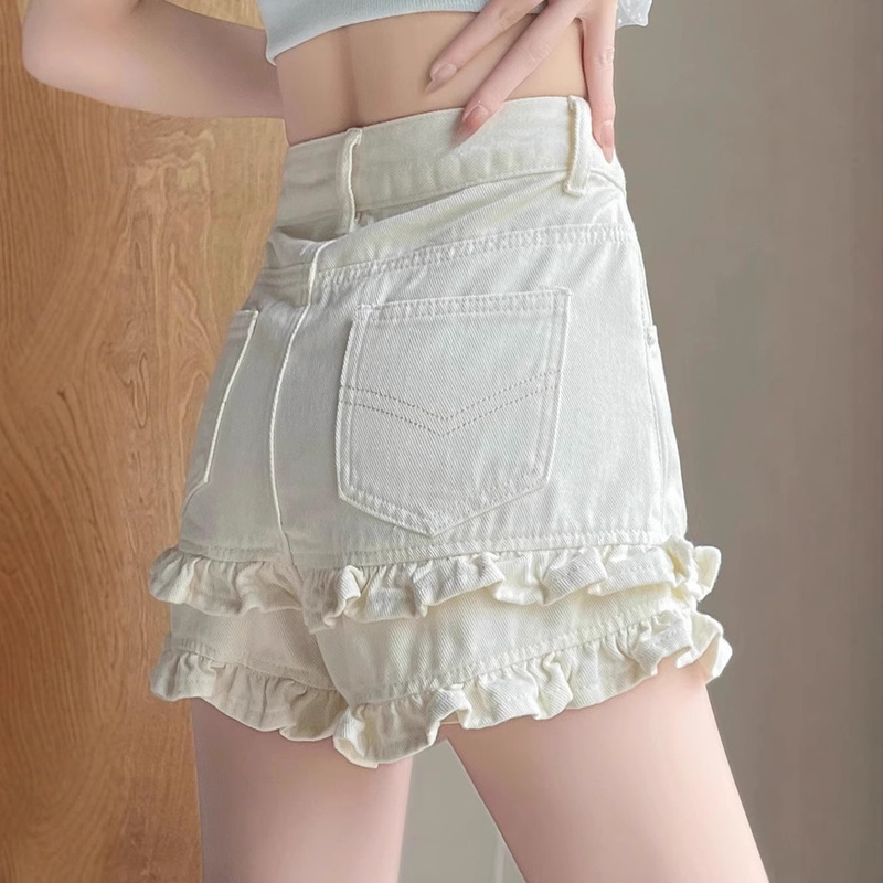 White Denim Shorts for Women with Lace Comic Girly Long Legs 2025 Summer Thin High Waist A-Line Straight Hot Pants