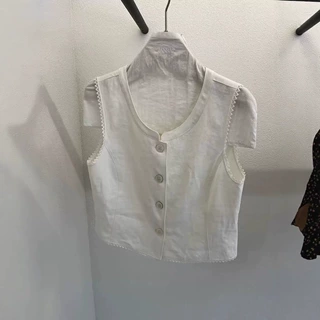 现H 亚麻双排扣马甲女2025夏季极简韩系高级感短款无袖上衣Tann*t