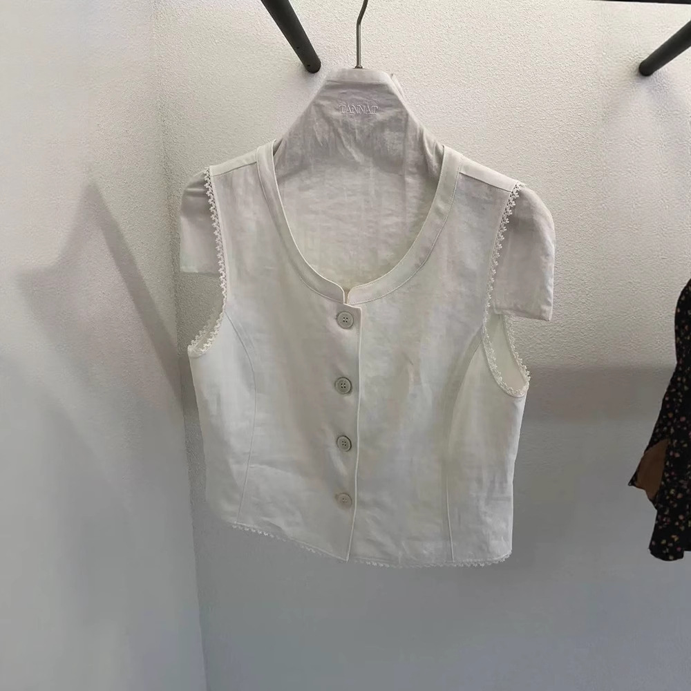 Now H Linen Double-Breasted Vest for Women 2025 Summer Normcore Korean Style High-End Short Sleeveless Top Tann*T