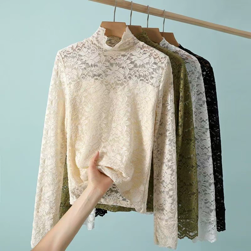 Demi-season sexy keep warm lace silk body-friendly long-sleeve, western style, high collar