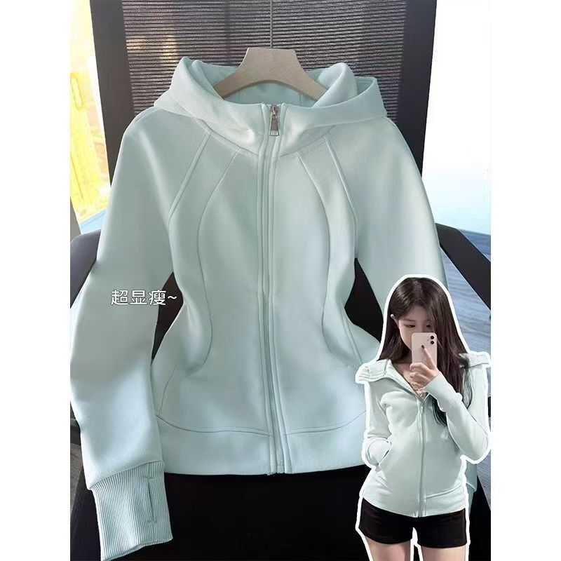 Slim Sweatshirt Jacket for Women to Wear in Spring, Right Shoulder Hooded Sports Waist Short Top, Spring New Short Jacket