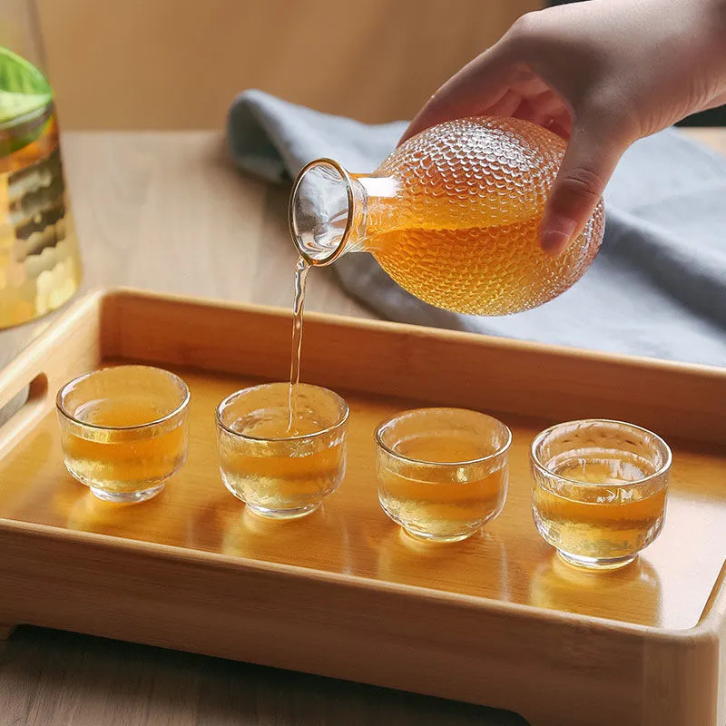 Juego de vino de sake con patrón de martillo japonés, vino de arroz de vidrio para el hogar, vino tibio, copa de sake, jarra de vino caliente, taza de vino pequeña al por mayor