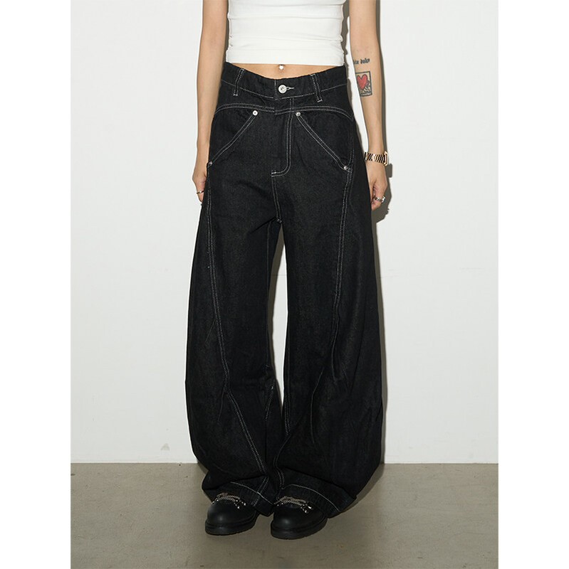 "Structural Scimitar" Spring and Autumn Vintage-Style High-End Three-Dimensional Silhouette Multi-Pleated Visible Stitching Loose Casual Women's Jeans "Structural Scimitar" Spring and Autumn Vintage-Style High-End Three-Dimensional Silhouette Multi-Pleated Visible Stitching Loose Casual Women's Jeans