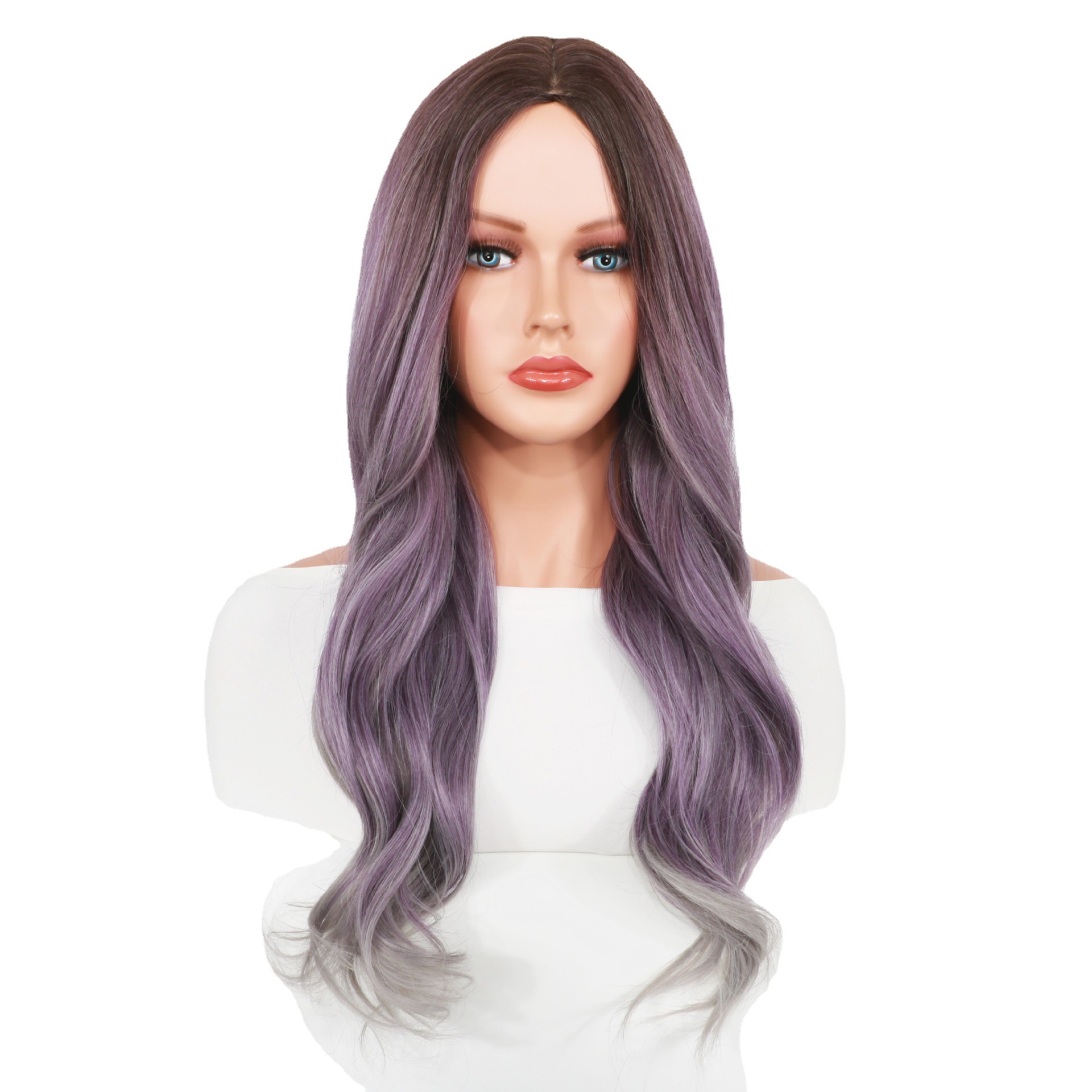 Synthetische Perücke für Damen, Hochtemperatur-Seidenkopfbedeckung, mittelgroß, geteilt, brauner Farbverlauf, violett, grau, lange lockige Haarperücken_voghion.com