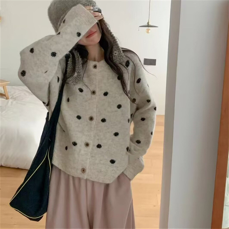 波点针织开衫毛衣女2025新款秋冬宽松休闲慵懒风针织衫外套女上衣|undefined
