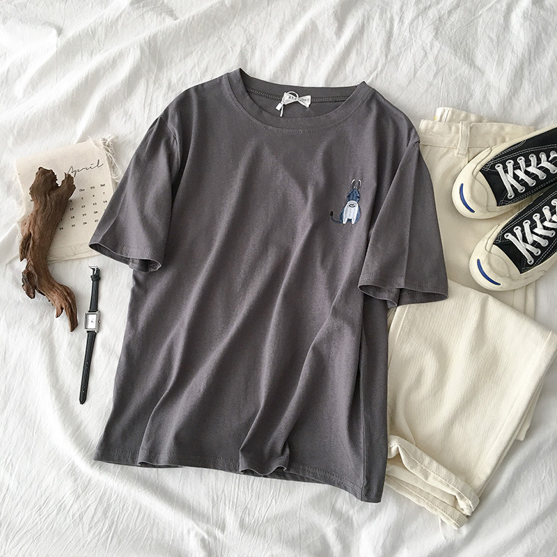 Nuova maglietta sudcoreana a maniche corte da studente con ricamo a forma di animale della Corea del Sud, girocollo, abiti estivi, vestibilità ampia, per donna_voghion.com