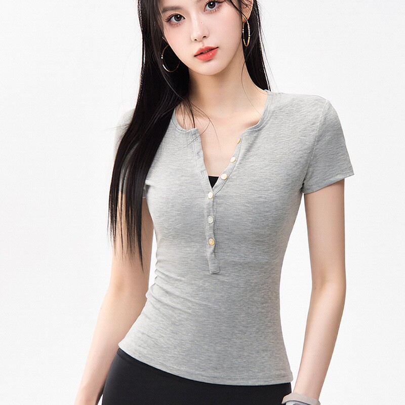 Super Stretchy Henry Collar Yoga Short-Sleeve Slim-Fit Buttoned Sports T-Shirt, Lightweight, Drapey, Breathable, Quick-Dry Running and Fitness Wear