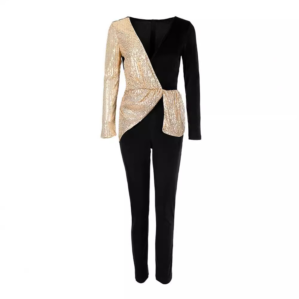 Mono elegante de lentejuelas de dos tonos, negro y dorado, de cintura alta, estilo transfronterizo de Amazon 2025.