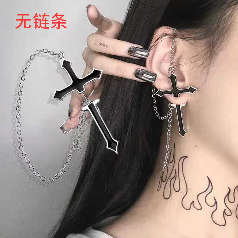 跨境耳钉时尚个性冷淡风港风滴油酷帅夸张十字架链条穿刺耳饰批发